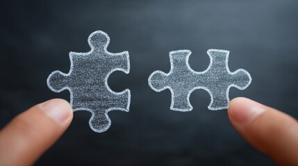 Two puzzle pieces are held up by a hand, with one piece missing