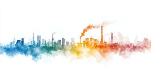 Fototapeta premium Vibrant city skyline featuring industrial buildings and smokestacks, showcasing gradient of colors from blue to orange, symbolizing urban life