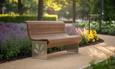 Park bench in a sunny garden setting
