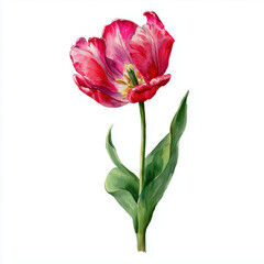 Watercolor Illustration of Tulip Flower with Pink and Red Petals, Botanical Art on White Background