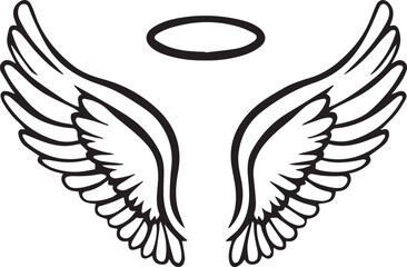 Fototapeta premium Serene Embrace: A pair of ethereal wings, with a halo gently poised above, evoke a sense of peace and transcendence, radiating an aura of serenity.