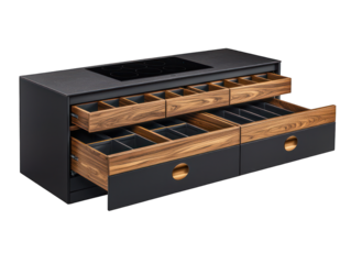 Dark countertop with drawers, organizer boxes, and cooktop on black background