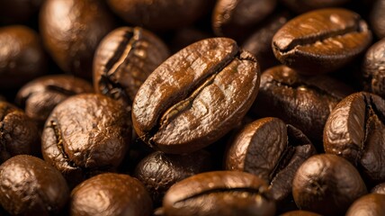 Fototapeta premium High-resolution macro photo of freshly ground coffee beans with rich brown hues and detailed texture. Ideal for coffee branding, packaging, food blogs, menus, and beverage advertising projects.