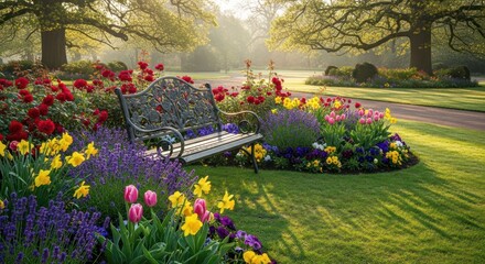 Peaceful park bench bathed in morning light