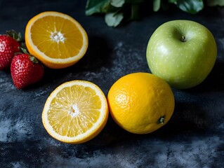 Juicy Fruits Still Life,  Oranges, Lemon, Strawberries, Green Apple