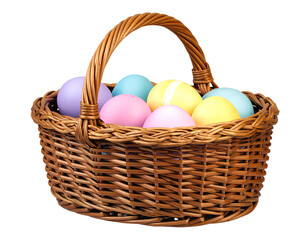 Traditional Wicker Basket with Handle, Filled with Pastel-Colored Eggs in Yellow, Pin 