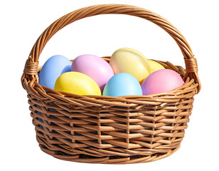 Traditional Wicker Basket with Handle, Filled with Pastel-Colored Eggs in Yellow, Pin 