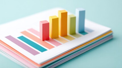 A stack of colorful papers with a graph on top and a few blocks on top of it