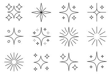 Starburst and sparkle doodle icon set with twinkle lines and shiny decorative burst elements
