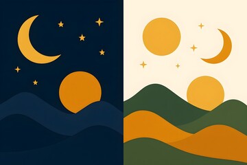 Abstract split landscape showing day and night: golden sun, crescent moon, and stars over layered green and orange hills. Minimal geometric art with modern boho palette.