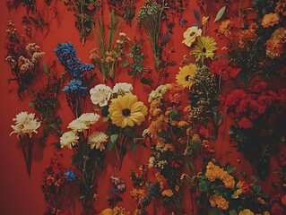 Vibrant Floral Collage Red Background Botanical Art Print