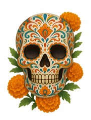 Decorated sugar skull with vibrant marigolds, ornate folk patterns in orange and teal Dia de los Muertos calavera artwork, festive Mexican tradition on white background.