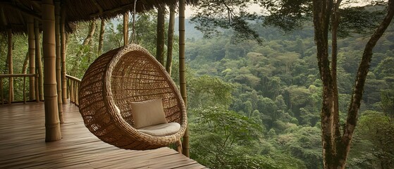 Serene Rainforest View from Bamboo Balcony with Hanging Chair