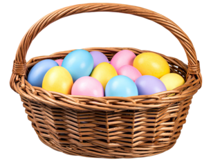 Traditional Wicker Basket with Handle, Filled with Pastel-Colored Eggs in Yellow, Pin