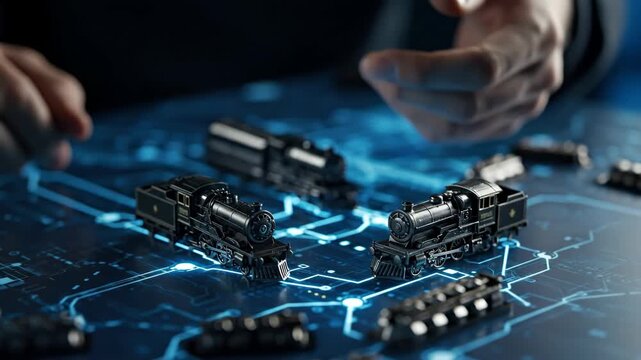 Man placing miniature trains on a glowing circuit board map representing industrial and energy network management footage.