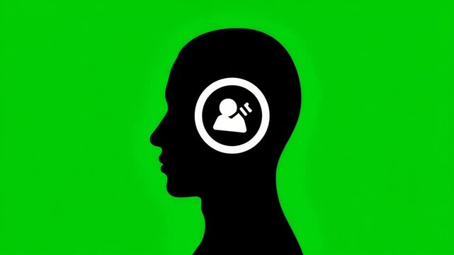 Silhouette profile head with communication icon inside brain green screen background abstract