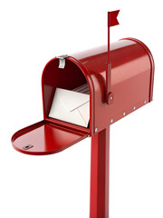 A shiny red mailbox with its door open, showing a white envelope inside. The little red flag is raised, which typically signals that there is outgoing mail to be picked up.