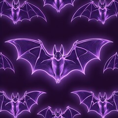 Seamless neon pattern of glowing bats with detailed wings on a dark purple background. Eerie Halloween design for wallpapers, textiles, and spooky branding.