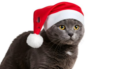 Photo Domestic Cat Gray Wearing Santa Hat Isolated Transparent