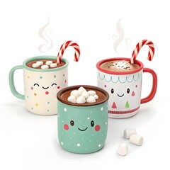 Three cute christmas mugs filled with hot chocolate and marshmallows