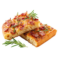 Focaccia bread with bacon and rosemary on transparent background