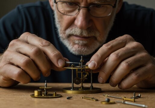 A watchmaker carefully repairing a intricate clock mechanism.