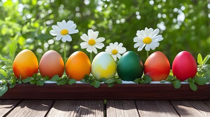 Colorful Easter Eggs in Wooden Box with Daisies