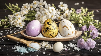Decorative Easter Eggs in Wooden Bowl with Flowers and Salt