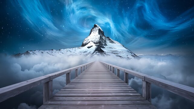 A view of a stairway leading to a mountain with a bright