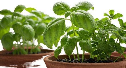Photo Fresh Green Basil Plants in Terracotta Pots with Water Droplets
