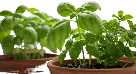 Photo Fresh Green Basil Plants in Terracotta Pots with Water Droplets