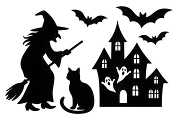 Black Halloween silhouettes of witch with broom and cat, haunted house with windows and ghosts, flying bats, isolated on white.