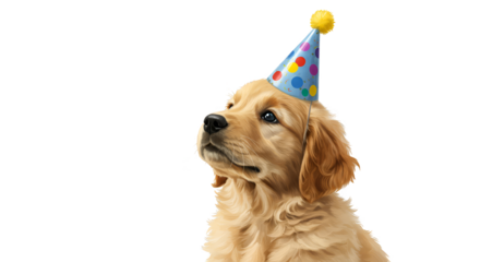 Photo Golden Retriever Puppy Wearing Party Hat Isolated