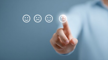 Obraz premium A person is pressing a button that has four smiley faces on it