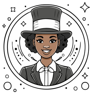 Smiling woman in a top hat and formal suit with magical circle portrait illustration