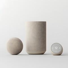 Modern Beige Smart Home Speaker System, Cylinder, Sphere, and Disc Design