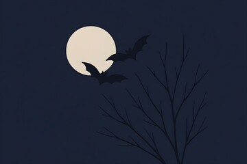 Dark night scene with full moon, two flying bats, and leafless tree silhouette against deep blue sky. Minimal eerie Halloween background.