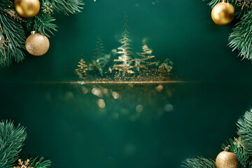 Luxurious green Christmas background with golden ornaments