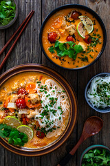 Tom Yum soup - Thai soup with chicken breast nuggets, vegetables and rice noodles on wooden table. Top view
