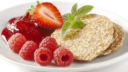 Healthy breakfast plate with strawberry, raspberry, crackers and jam delicious treat