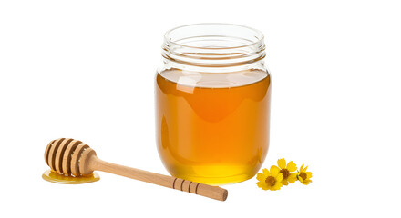 Isolated Realistic Honey Jar With Wooden Dipper And Yellow Flowers