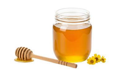 Isolated Realistic Honey Jar With Wooden Dipper And Yellow Flowers