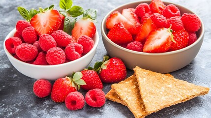 Fresh summer fruit salad with strawberries, raspberries and tasty crackers