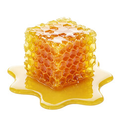 Isolated Realistic Honeycomb Cube with Dripping Golden Honey and Transparent Background