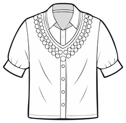 Women short sleeve blouse design with embellished Vneck neckline and puffed sleeves