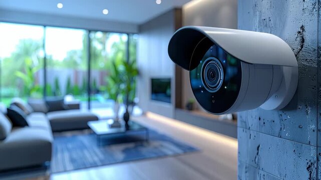 A close-up of a security camera monitoring a modern living room interior for home safety and surveillance.