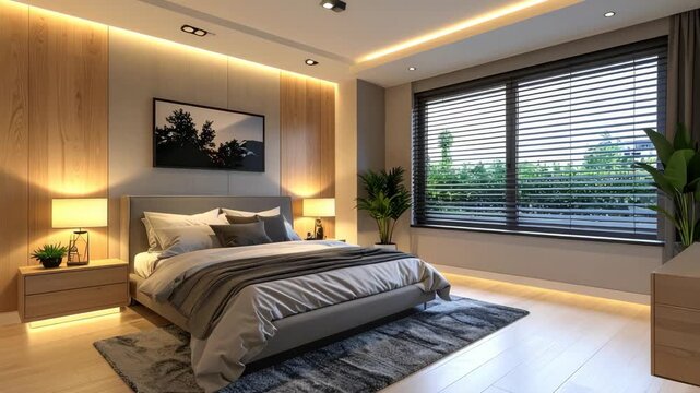 Elegant master bedroom interior with a backlit wooden accent wall, a large comfortable bed, and ambient lighting.