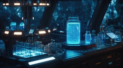 Study with AI helper, A futuristic laboratory .jpegglowing liquid in jars and test tubes, illuminated in blue, advanced scientific experimentation