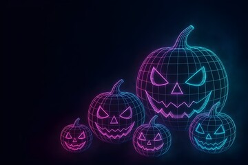 Glowing neon wireframe jack-o-lantern pumpkins in blue and magenta on a dark smoky background, spooky futuristic Halloween scene with menacing faces.