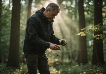A man examining something with sunlight shining through the forest trees.